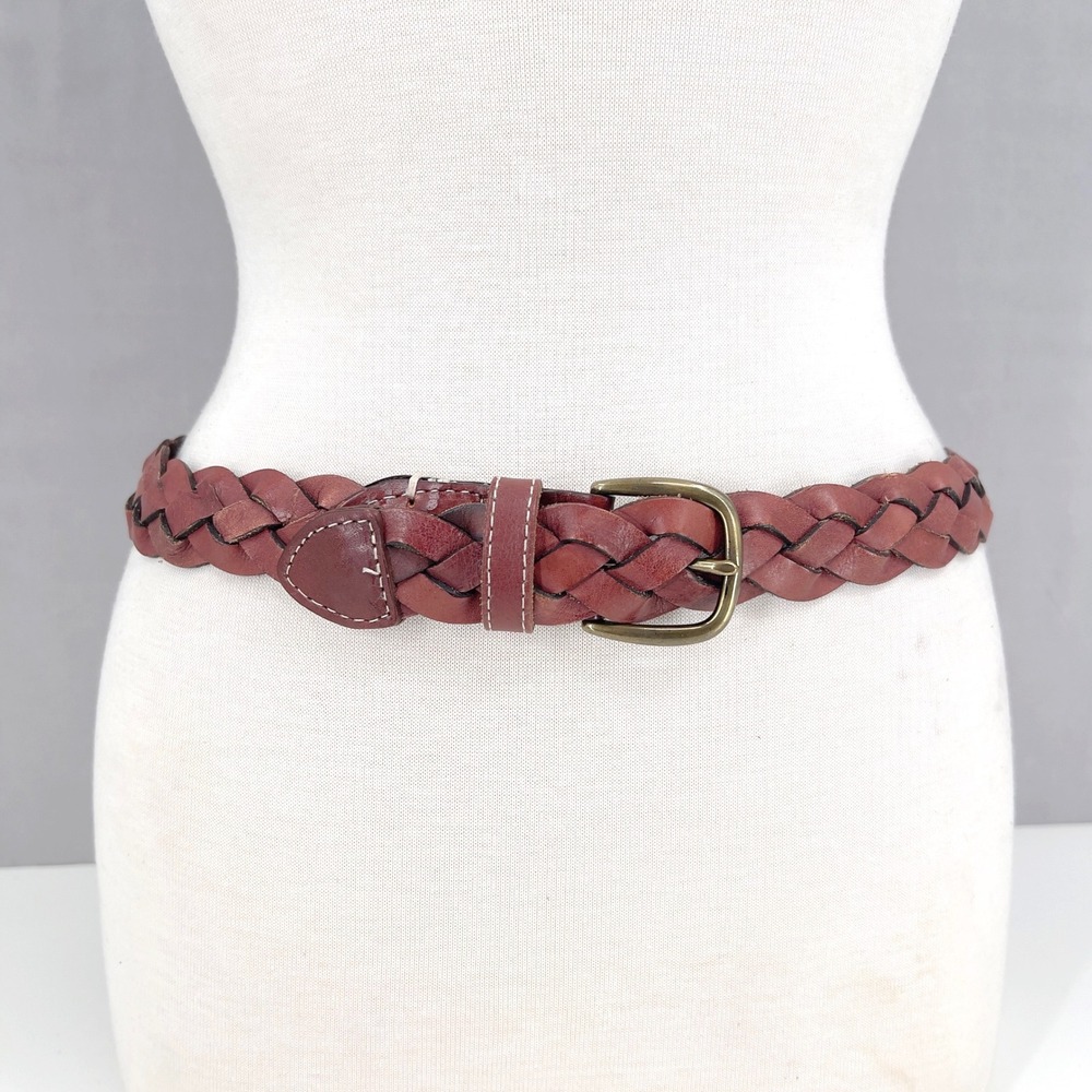 Lands' End Women Belt Brown Braided Leather Brass Buckle M 24-26